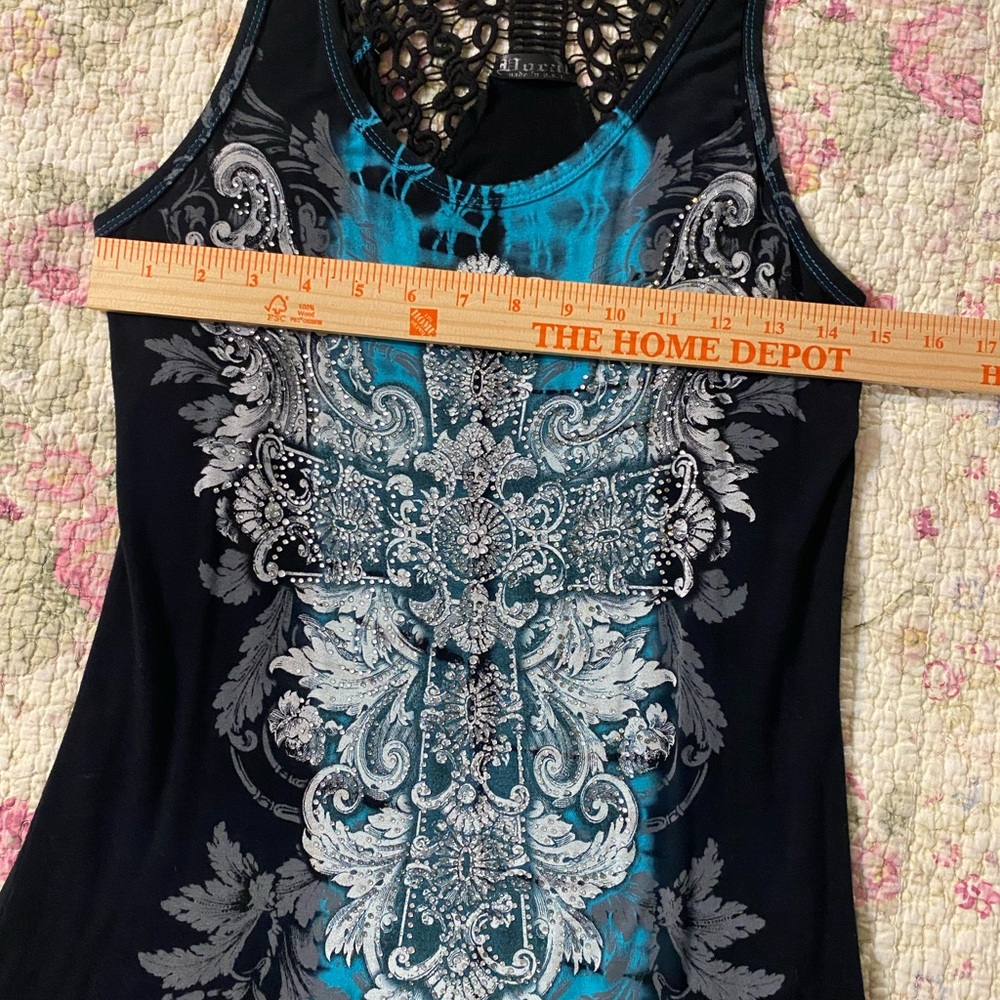 Doral Women’s Tunic CROSS Rhinestones Floral Angel Wings blk/Turquoise Large - Picture 6 of 7